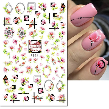 3d Nail Art Decals Watercolor Florals Purple Green Pink Flowers Leafs Fruit Adhesive Sliders Nail Stickers For Manicure