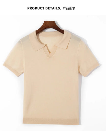 Spring and summer new 100% pure wool business casual knitting technology men's breathable soft lapel Polo short sleeve T-shirt.