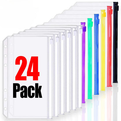 2-24Pcs Clear A6 6-Hole Binder Pockets Waterproof PVC Organizer Cash Budget Envelopes Zipper Binder Pouches for Notebook Planner