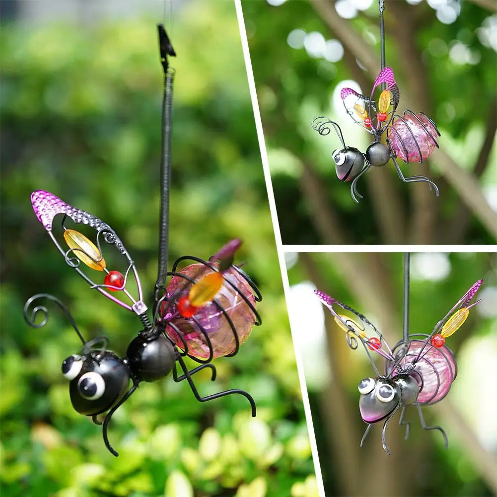 Metal Solar Bees Lantern Garden Decor LED Hanging Dragonfly Bees Solar Light Garden Sculptures For Patio Yard Outdoor Decoration