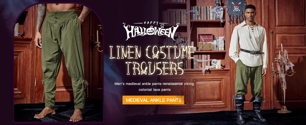 Mens Medieval Ankle Pants Renaissance Viking Pirate Lace Up Tapered Halloween Linen Costume Trousers Cargo Pants