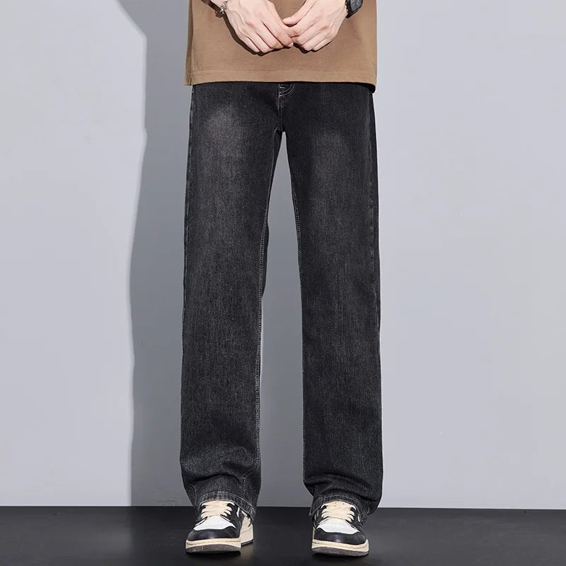 New Arrival American Vintage Wide Leg Elastic Denim Pants for Men Loose Straight Fit Flowy Versatile Casual Pants
