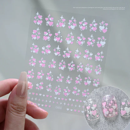 3D Valentine's Day Love Heart Nail Art Sticker Red White Cross Stars Self-Adhesive Nail Decals 8*10cm Kawaii Heart Nail Sticker