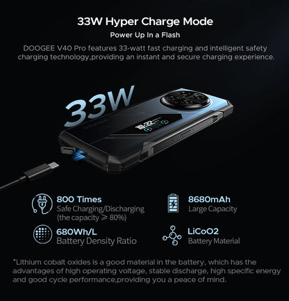 Global Version DOOGEE V40 Pro 5G Rugged Phone 6.78" Display 16GB+512GB Dimensity 7300 200MP AI Camera 8680mAh 33W Fast Charger