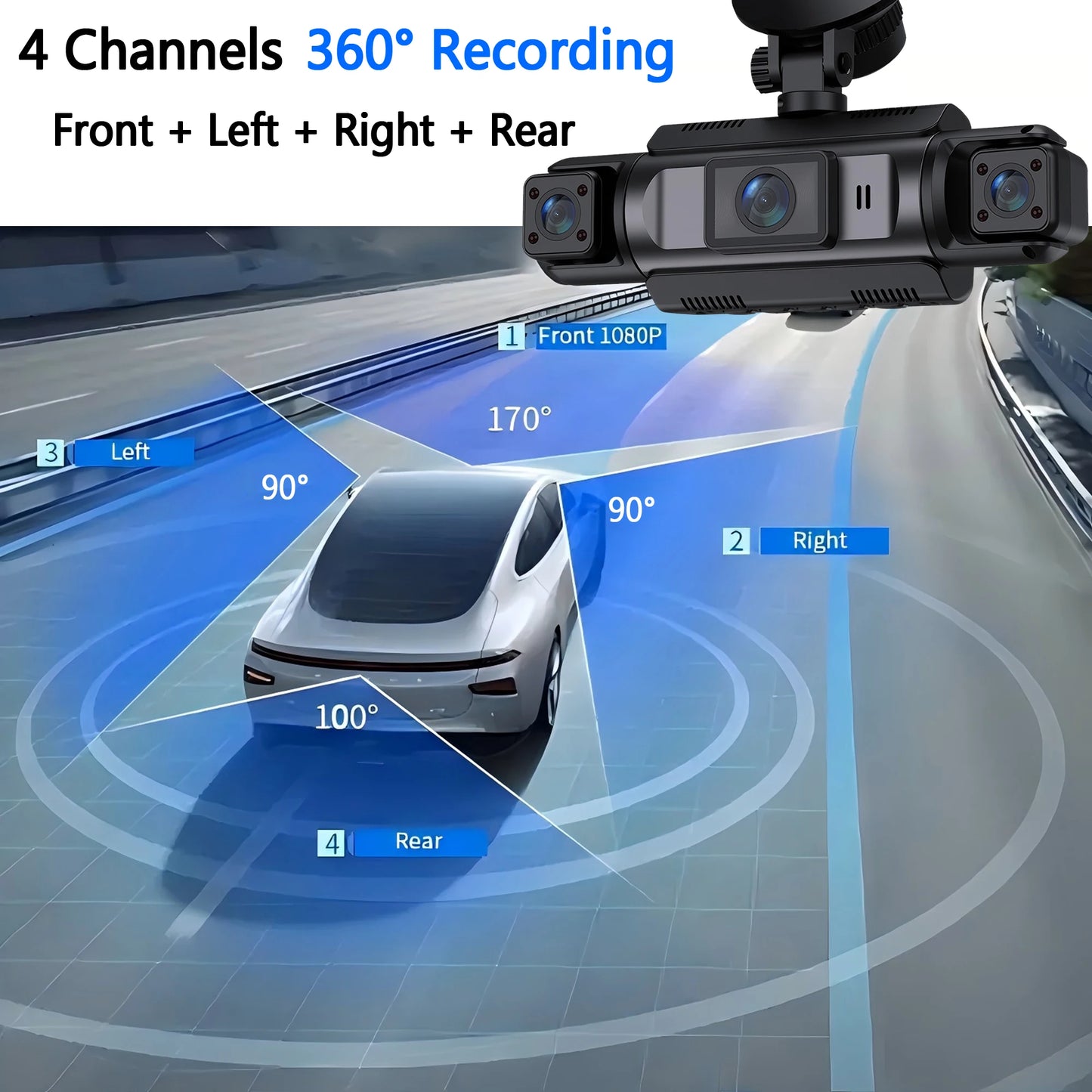 Car Dash Cam 4 Channel Black Box WiFi Driving Camera FHD 1080P Front Left Right Rear Night Vision Loop Recording Add Hardwire