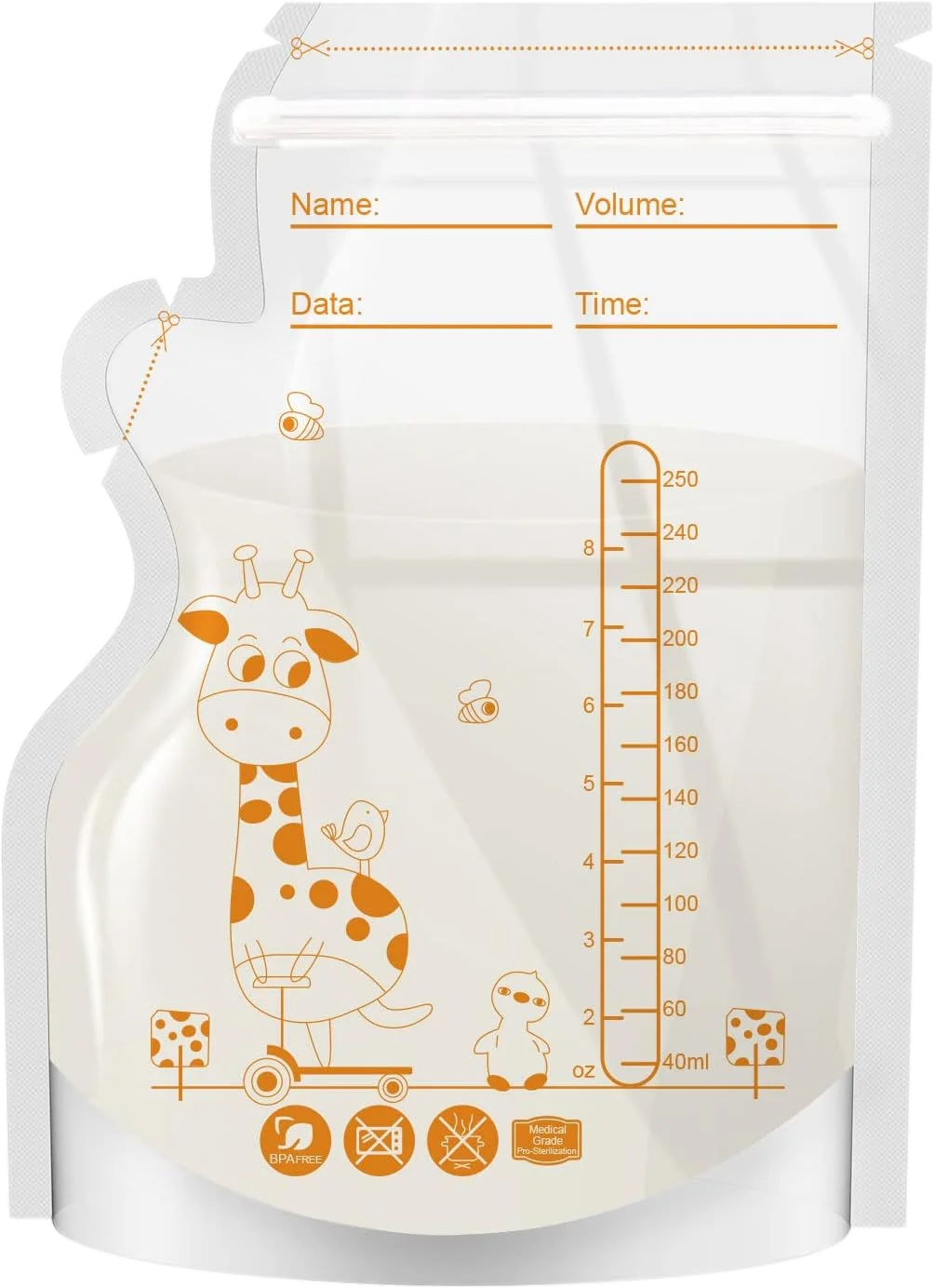 100 or 50 Pack  Disposable Breastmilk Storage Bags  250ml Capacity  Hospital-Grade, Self-Standing, Easy Pour Spout