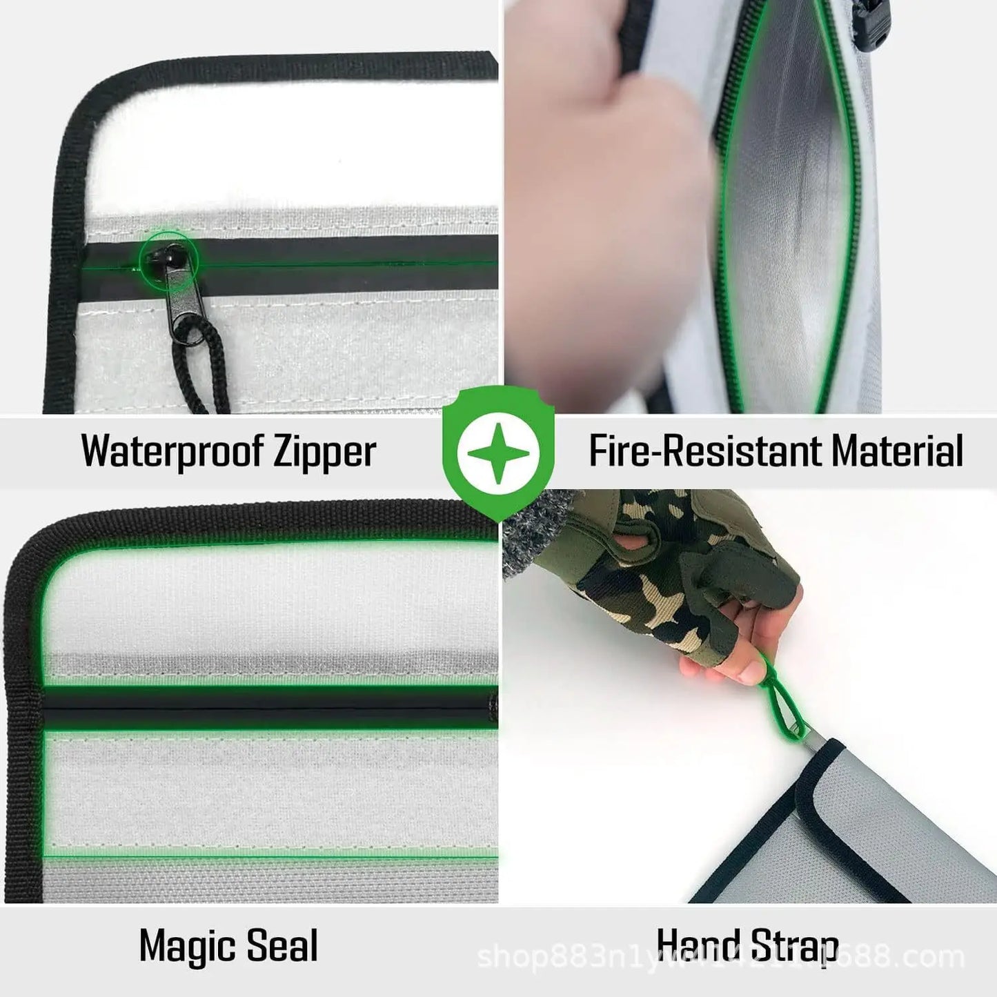 Bisofice Fireproof Document Bag Zipper Closure Cash Safe Storage Waterproof Pouch with Sticky Strip for Certificates Money Cards
