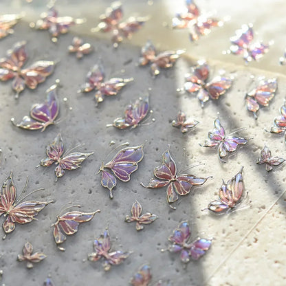 Shiny Jelly Butterfly Charming Golden Gradient Bowknot 5D Self Adhesive Nail Art Sticker Flower Petal Rhinestone Manicure Decals