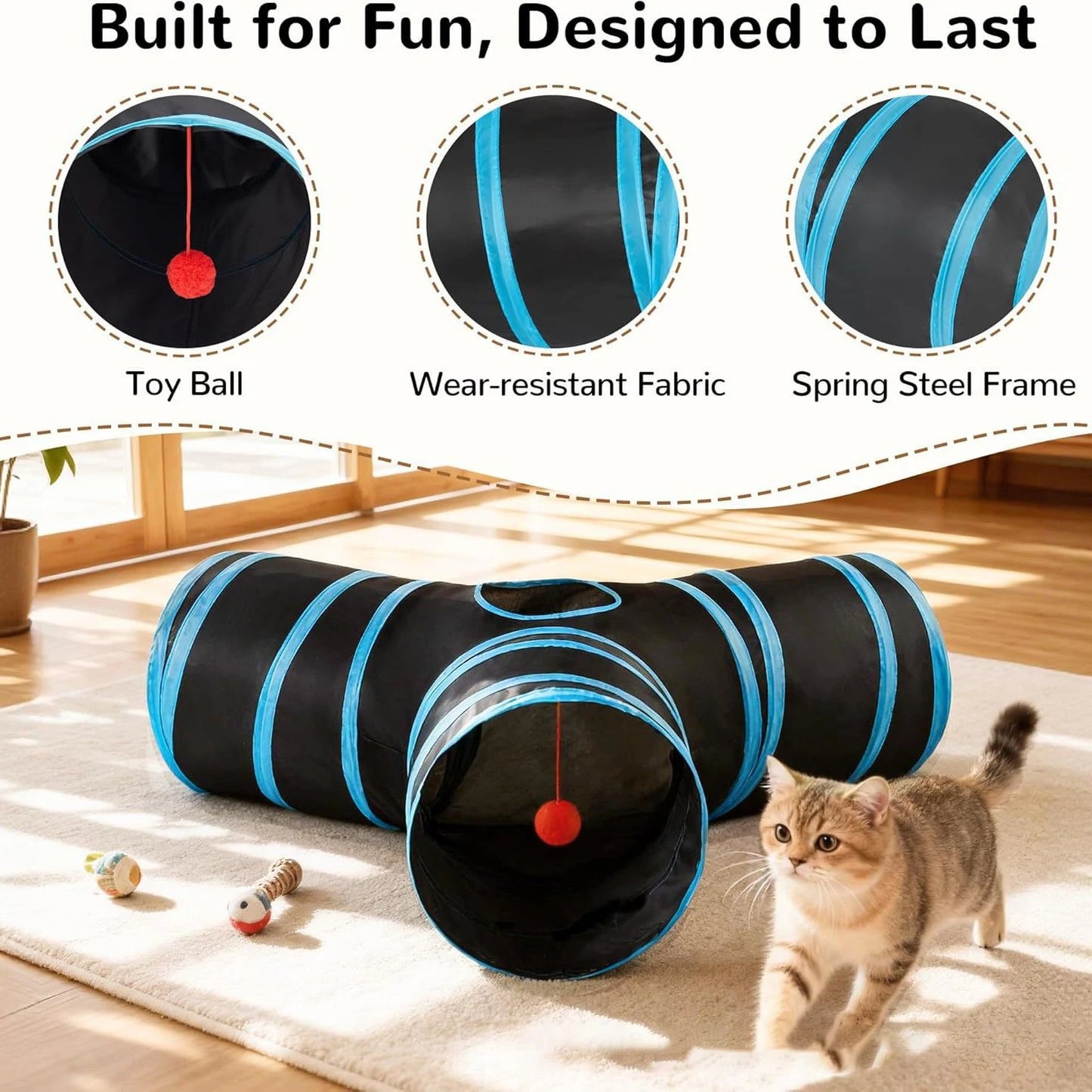 Cat Tunnel Toy 3-Way Foldable Pet Playhouse Crinkle Paper Bell Durable Oxford Cloth Animal Tunnel Kittens/Rabbits/Guinea Pigs
