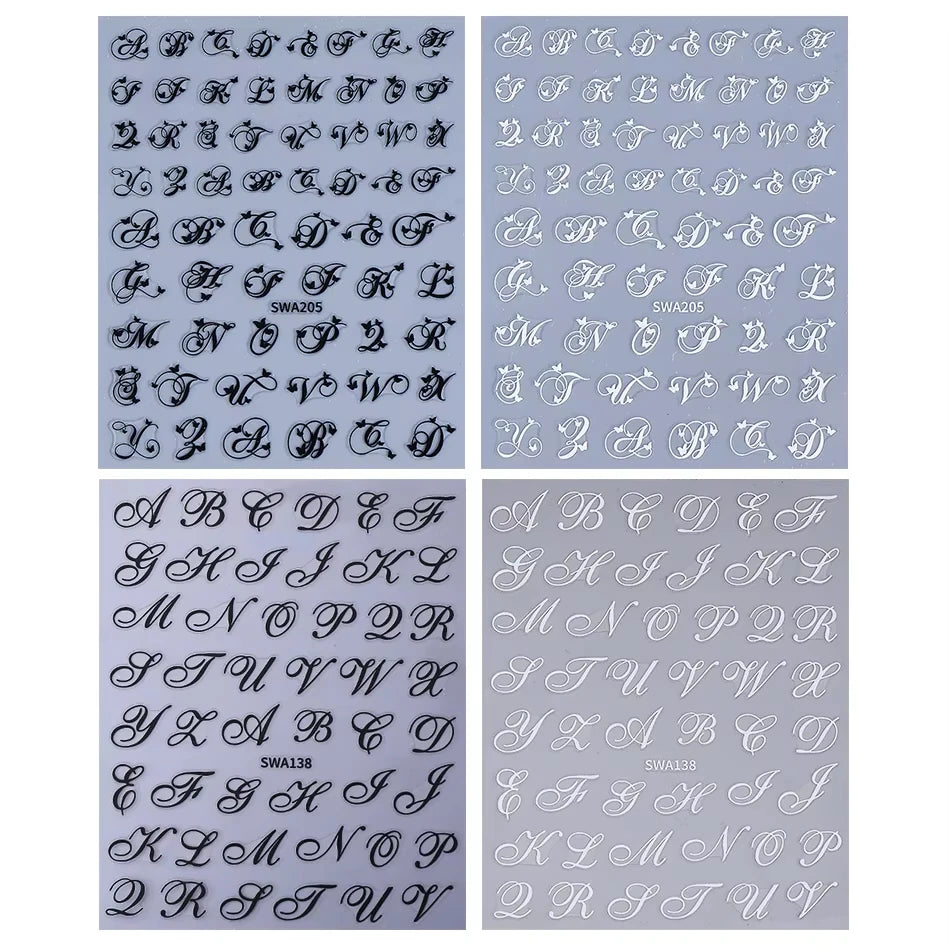 4pcs English Letter Nail Stickers Gothic Style Y2K Cool Design Roman Letter Alphabet Adhesive Nail Decal DIY Manicure Decoration