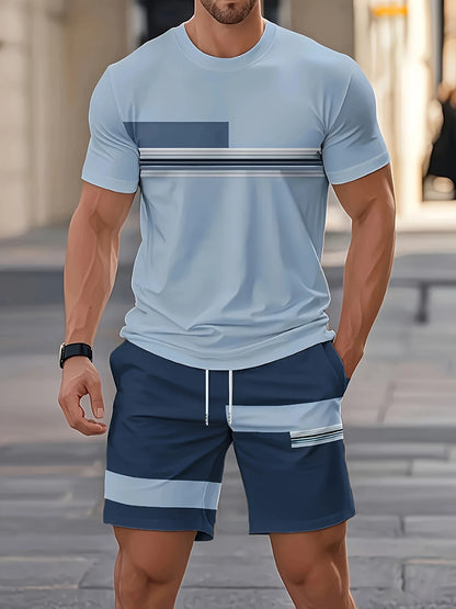 2026 Summer New Arrival Men's Casual Two-Piece Set Striped Print Short-Sleeve Shirt and Athletic Shorts Set Men's Fitness Set