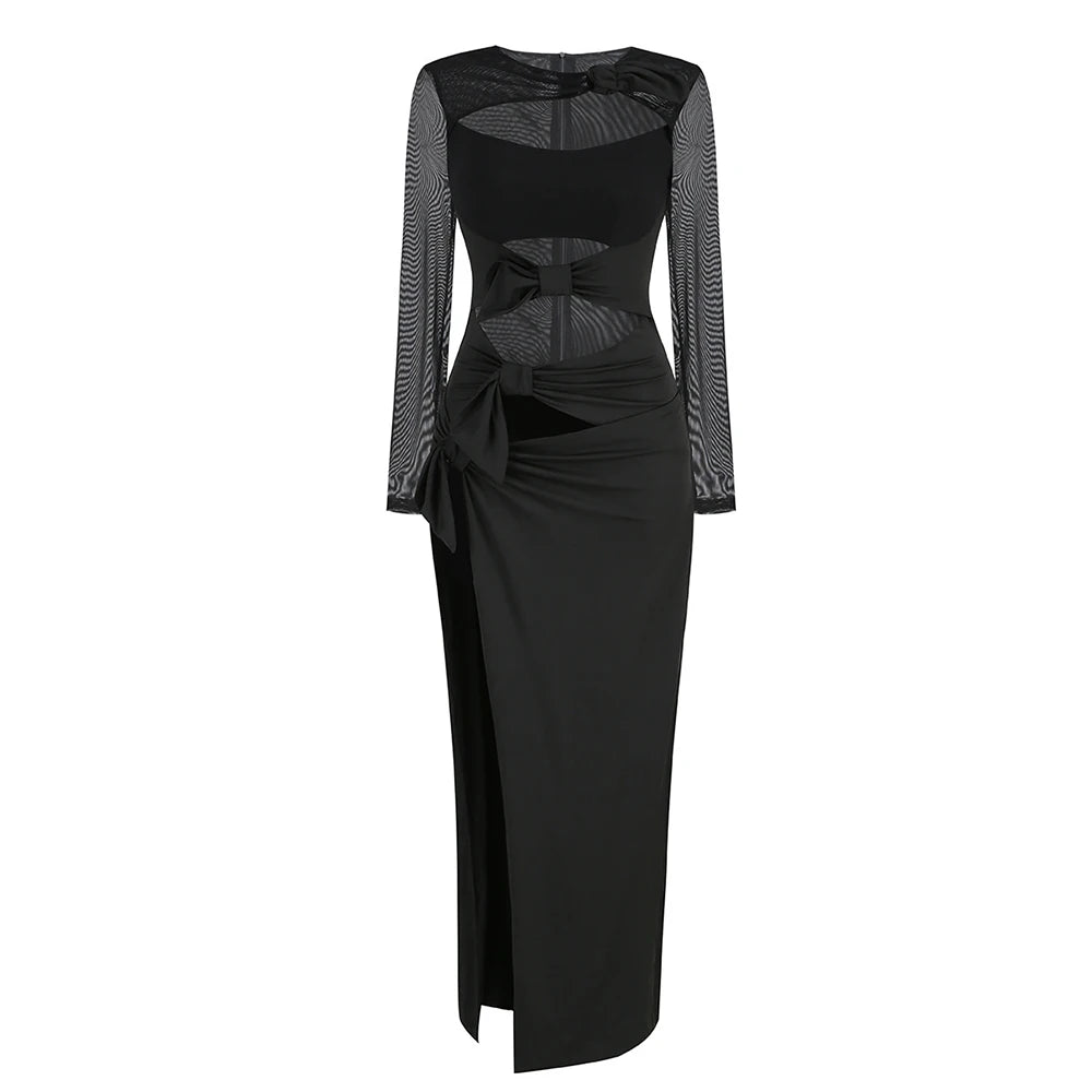 Sexy Hollow Out High Side Split See Through Mesh Long Sleeve Maxi Dress Luxury Brithday Prom Gown Party Club Fashion Dresses