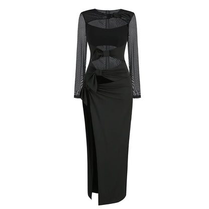 Sexy Hollow Out High Side Split See Through Mesh Long Sleeve Maxi Dress Luxury Brithday Prom Gown Party Club Fashion Dresses
