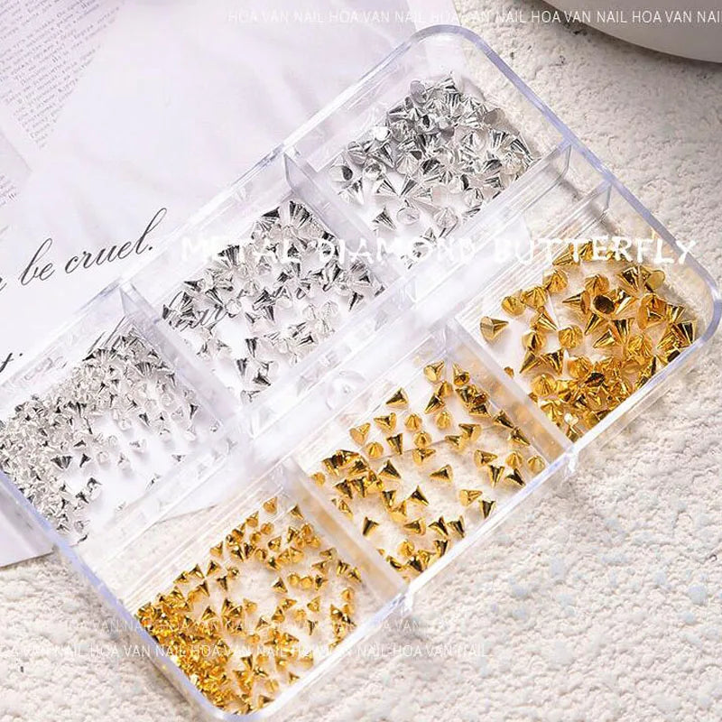 6Grids 3D Mini Punk Metal Rivet Nail Art Charms 1.5/2/3mm Gold Silver Cone Spike Studs Nails Jewels DIY Manicure Decorations ZB