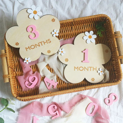 Wooden Flower Milestone Card Set, Wooden Milestone Birth Signs, Photography Milestone Cards, Growth Cards from 1 Month to 1 Year, Pregnancy Journey Milestone Photo Props, Christmas, New Year Gifts