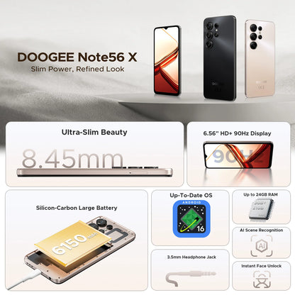 DOOGEE Note56 X Android 16 Smartphone 24GB 64GB 6.56" HD+ Screen 6150mAh Large Battery 8MP+5MP Face Unlock CellPhone