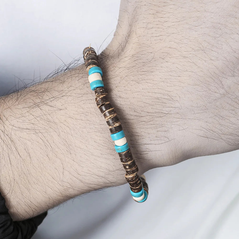 Coconut Wood Beaded Bracelet Eiastic Turquoise Stone Bead Bracelets for Men and Women Handmade Stacking Wooden Stretch Bracelets