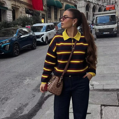 Sweater knitted Pullover Women's Spring 2026 New Fashion Striped Loose Polo neck Warm Women Sweater Chic Youth Holiday Pullover