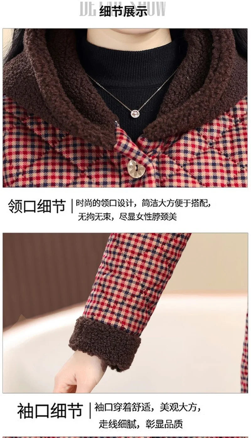 Winter Coat New Vintage Velvet And Thickening Single breasted Cotton Coat for Women Fit Cotton Clip Warm Long Parka Plaid Coat