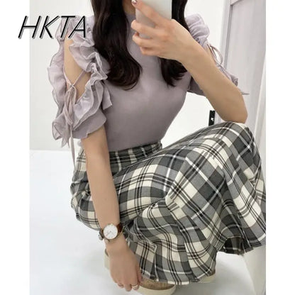 Japanese Off Shoulder Ruffle Edge Slim Short Sleeve Tshirt Women Sweet Elegant Knitted T Shirt Girl Commuting Short White Top