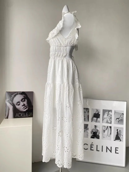 White Embroidered Hollow Out Dress For Women'S Summer Strapless Square Neck With A Unique Open Back Design, Slim Fit Long Skirt