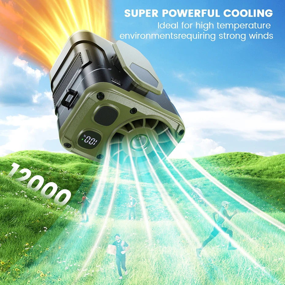 10000mAh Portable Waist Fan with Power Bank LED Lighting Hanging Neck Fan 5 Speed Strong Airflow Cooling Fan for Outdoor Working
