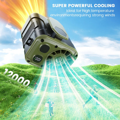 10000mAh Portable Waist Fan with Power Bank LED Lighting Hanging Neck Fan 5 Speed Strong Airflow Cooling Fan for Outdoor Working