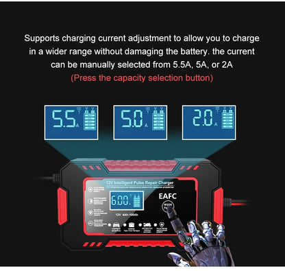 Car Battery Charger 12V 6A Pulse Repair LCD Display Smart Fast Charge AGM Deep Cycle GEL Lead-Acid Charger For Auto Motorcycle