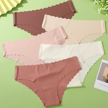 4Pcs/Set Ice Silk Mid-Rise Panties Women's Seamless Briefs Solid No Show Underwear Scalloped Edge Panties Sexy Lingerie XS-XL
