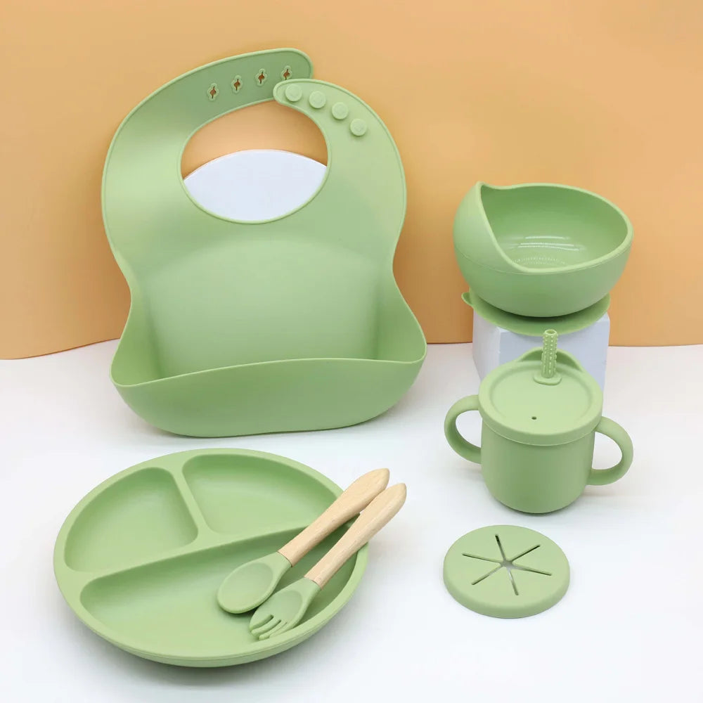 7pcs baby silicone tableware set, bib, dining plate, bowl with suction cup, 2-in-1 water cup, snack cup, wooden spoon and fork
