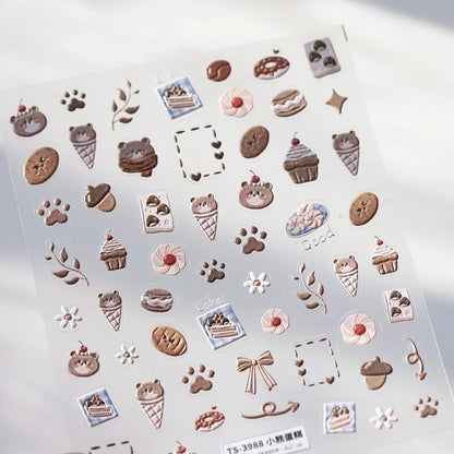 Lovely Animal Graffiti Cat Claw Rabbit Bunny Bear Dog Flower Fruit Dim Sum Candy Sunflower Adhesive 5D Nail Art Stickers Decal