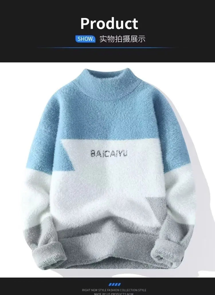 New Men's Plush Sweater Pullovers Korean Winter Warm O Neck Colorblock Sweater High Quality Cool Top Fashionable Men's Clothing