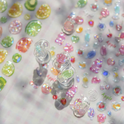 5D Pudding Jelly Dessert Fruit Cherry Pink Claw Print Bowknot Tie knot Love Heart Stars Nail Art Sticker Adhesive Manicure Decal