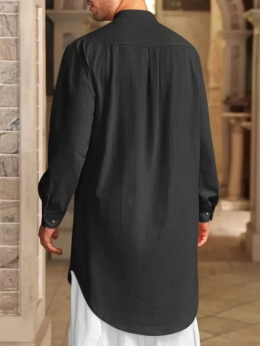 Men's Muslim Dress Long-sleeved Clothing 100% Cotton Pullover Kaftan Robe Men Jubba Thobe Pakistan Saudi Arab Caftan Islamic Top