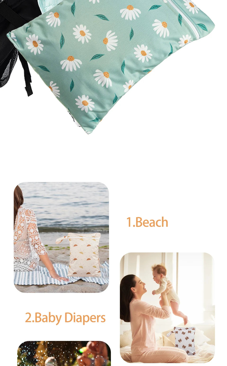 Elinfant 3PCS Portable Wet Dry Bag For Swimsuits,Waterproof Diaper Bags For Cloth Diapers,Washable Reusable Storage Bag