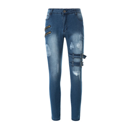 2025 New Men Slim Biker Ripped Long Denim Trousers Skinny Jeans Side Straps Zips Male Jogging Pants Destroyed Stretchy Pants