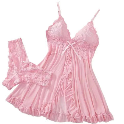 Sexy Lingerie Set Women Erotic Bra Nightdress Sexy Lace Sleepwear Solid Slim Soft Dresses V Neck Full Slip Sleepwear & Dresses