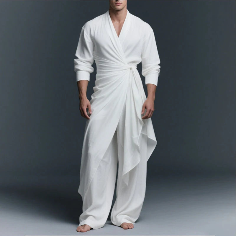 INCERUN Men Sets Solid V Neck Long Sleeve Long Style Shirt & Pants Two Pieces Sets Streetwear Loose Vintage Casual Men's Suit