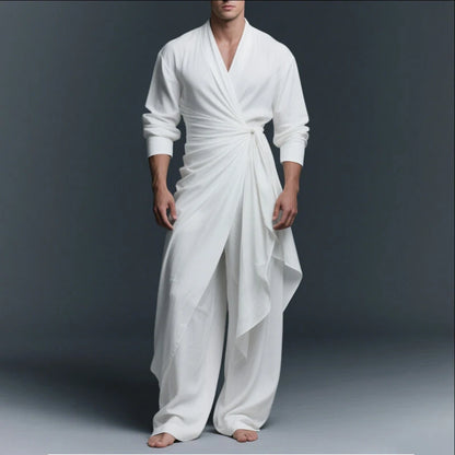 INCERUN Men Sets Solid V Neck Long Sleeve Long Style Shirt & Pants Two Pieces Sets Streetwear Loose Vintage Casual Men's Suit