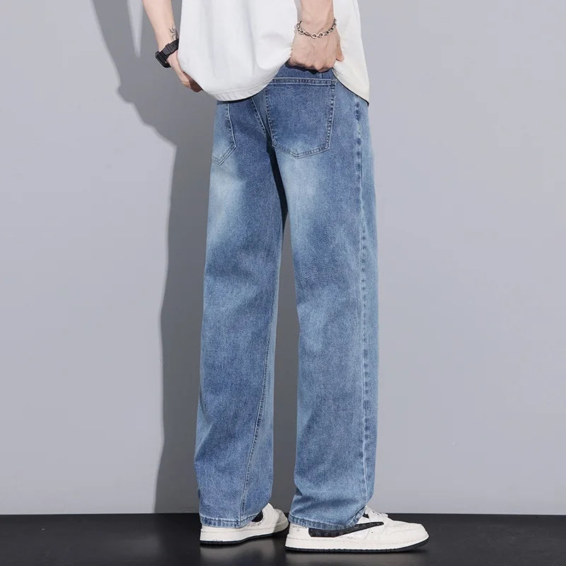 New Arrival American Vintage Wide Leg Elastic Denim Pants for Men Loose Straight Fit Flowy Versatile Casual Pants