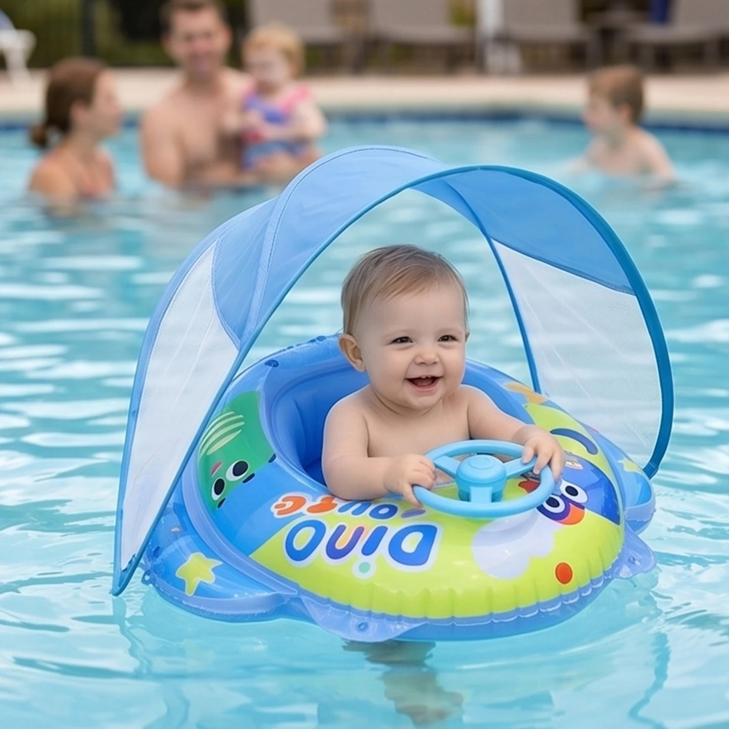 PVC Infant Pool Float with Canopy and Anti-Tip Seat Upgraded Inflatable Baby Pool Float Leak-proof for Toddler Aged 6-36 Months