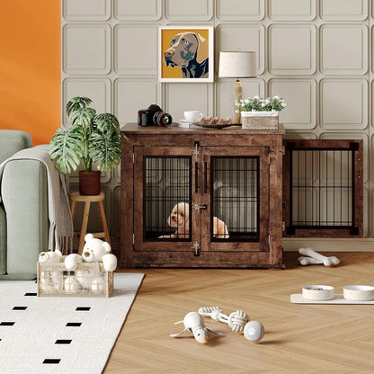 Garvee Wooden Dog Crate Furniture 80×60×66cm, Rustic Brown Pet Kennel with Openable Top and Double Lockable Doors, Bite Resistant Escape Proof Indoor Dog House Side Table