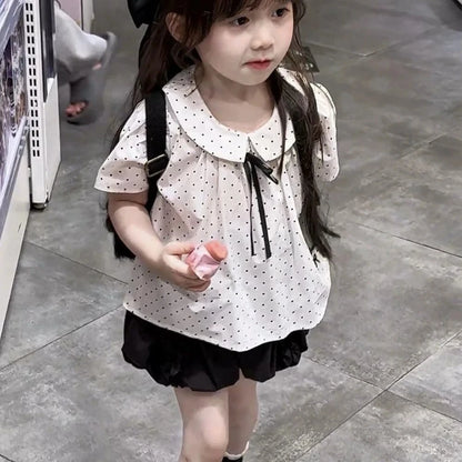 2025 Summer New Children Clothing for Girls Children Turn-down Collar Top for Girls Casual Short Sleeved Polka Dot T-shirt