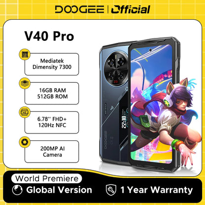 Global Version DOOGEE V40 Pro 5G Rugged Phone 6.78" Display 16GB+512GB Dimensity 7300 200MP AI Camera 8680mAh 33W Fast Charger