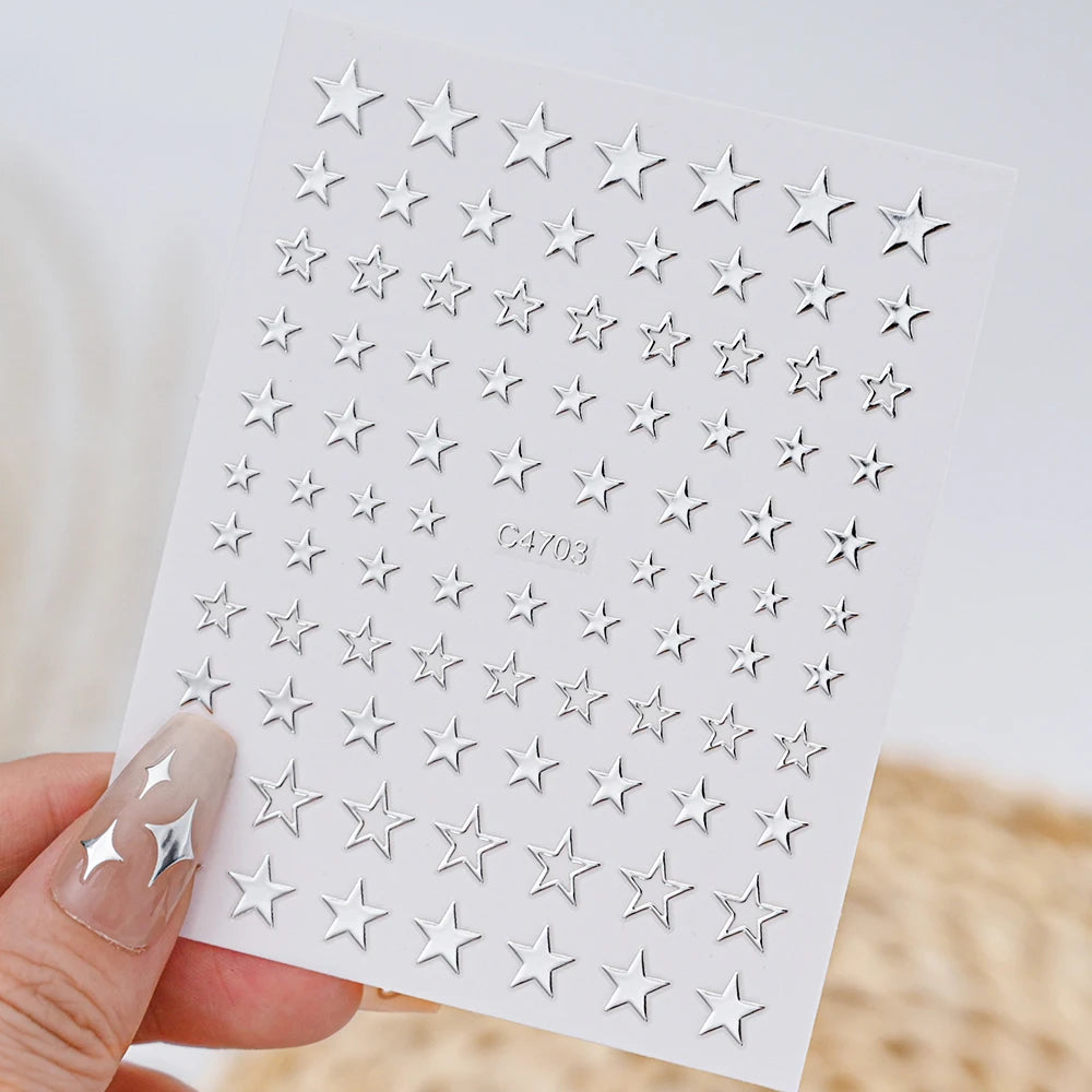 1Pcs 5D Metal Y2K Liquid Love Star Moon Nail Art Sticker Punk Style Silver Clock Heartbeat Heart Slider Romantic Manicure Decals