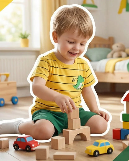 Summer Casual Baby Set Dinosaur Style Stripe T-shirt+Shorts 2Pcs Clothes for Boys Girls Soft Cotton Infant Outfit