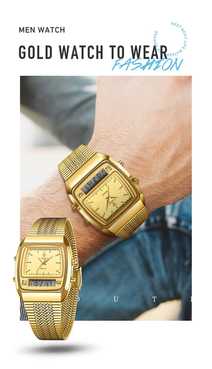 New Fashion Casual Watch Men Digital Dual Time Week Gold Sport 3bar Waterproof Quartz Wristwatches Clock relogio masculino L1030