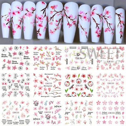 12pcs Pink Cherry Blossom Water Nail Sliders Winter New Year Sakura Floral Leaves Stickers DIY Charm Accessories Manicure Decor