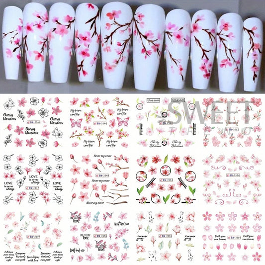 12pcs Pink Cherry Blossom Water Nail Sliders Winter New Year Sakura Floral Leaves Stickers DIY Charm Accessories Manicure Decor