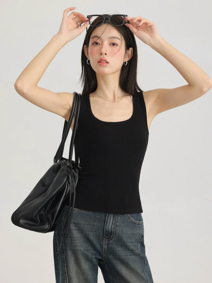 Spring Women U-Neck Knit Tank Top Cashmere-Like Fabric Elastic Slim Fit Sleeveless Camisole Solid Color Base Layer Stylish Vest